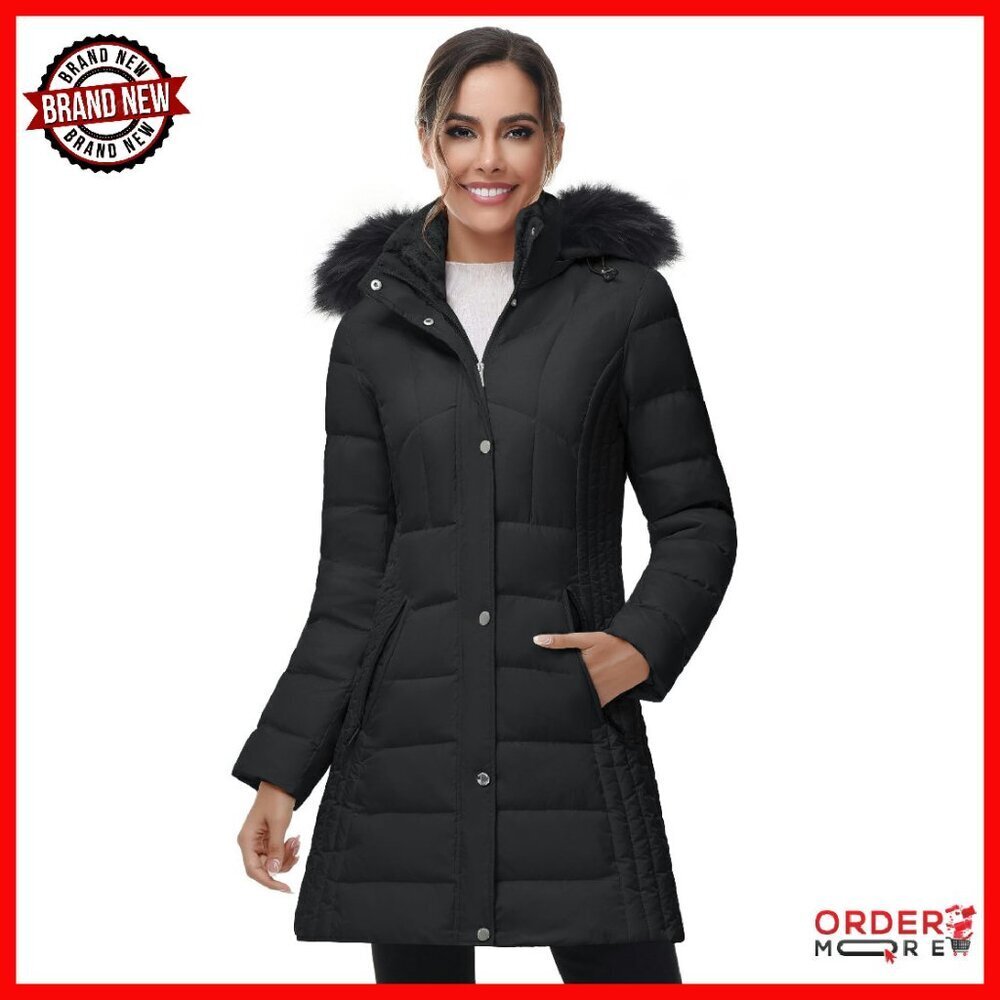 Women's Mid-Length Down Puffer Coat with Hood & Faux Fur Trim